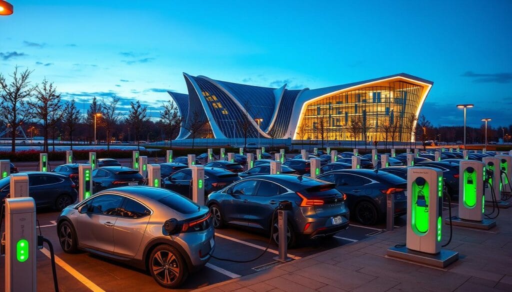 A bustling electric vehicle charging station at dusk, bathed in warm LED lighting. Rows of sleek, futuristic charging stations arranged in a grid, their cables snaking across the ground. In the foreground, several EVs parked and connected, their batteries silently replenishing. The background features a modern, architecturally-striking building, its facade illuminated by the glow of the charging infrastructure. The scene conveys a sense of sustainable progress, with the charging stations positioned as the centerpiece of a forward-thinking urban landscape.