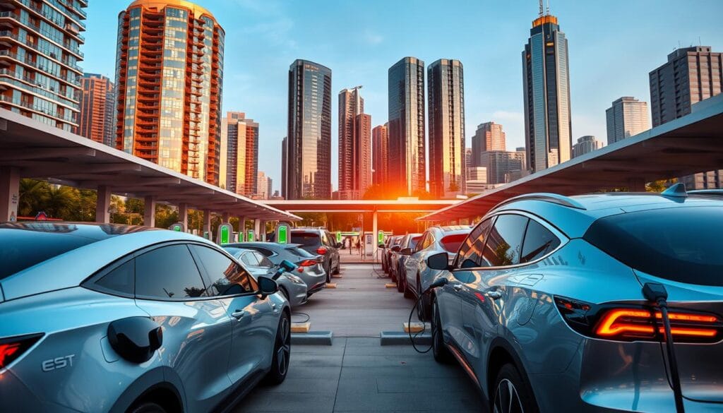 A bustling electric vehicle charging station in a modern urban setting. In the foreground, several sleek, futuristic electric vehicles are plugged into charging ports, their distinctive curves and colors reflecting the city lights. In the middle ground, a well-designed charging plaza with covered canopies, signage, and intuitive user interfaces. The background features a skyline of gleaming high-rises, their glass facades illuminated by a warm, golden sunset glow. The scene conveys a sense of progress, sustainability, and the seamless integration of green transportation infrastructure into the cityscape.