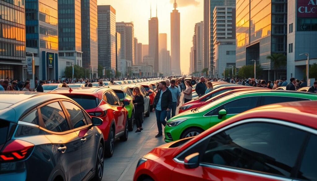 A bustling urban scene, the electric hatchback market demand takes center stage. In the foreground, a lineup of sleek, futuristic hatchbacks in vibrant hues catch the eye, their smooth lines and streamlined silhouettes reflecting the technological advancements driving the industry. The middle ground features pedestrians and commuters, their faces alight with excitement as they examine the vehicles, contemplating their next eco-friendly purchase. In the background, a modern cityscape of towering skyscrapers and bustling streets sets the stage, the warm glow of sunset casting a soft, golden light over the entire scene. The atmosphere conveys a sense of progress, innovation, and a growing consumer appetite for sustainable transportation solutions.