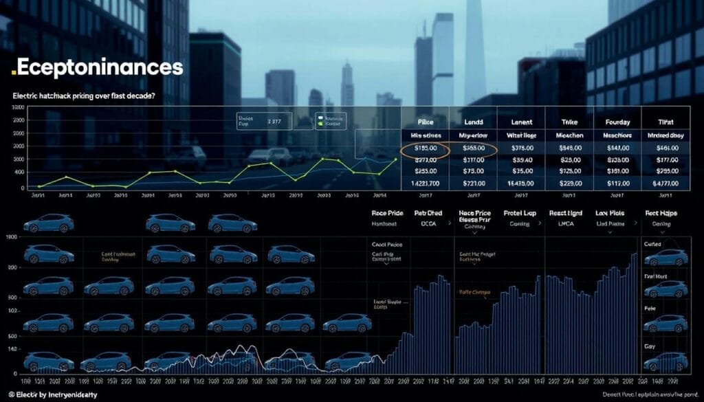 A detailed, data-driven visualization of electric hatchback pricing trends over the past decade. The foreground depicts a grid of hatchback models, each with its price history represented as a dynamic line chart. The middle ground showcases a comprehensive price comparison across different hatchback segments, with intuitive legends and annotations. The background features a subdued cityscape, evoking the urban landscape where these vehicles are primarily used. Soft lighting and a cool color palette create a professional, analytical atmosphere. The composition is balanced, with clean typography and elegant data visualizations that convey the pricing insights at a glance.