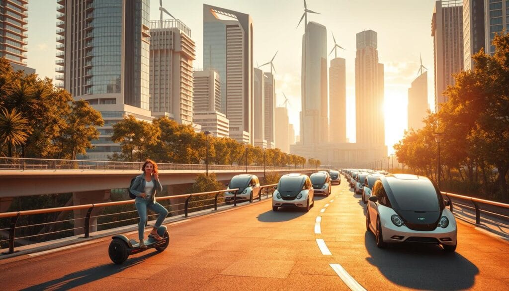 A futuristic cityscape bathed in warm, golden sunlight, with sleek, aerodynamic electric vehicles gliding silently along a network of elevated, tree-lined boulevards. In the foreground, a family of four rides a single-person, self-balancing electric scooter, their faces filled with delight. In the middle ground, a fleet of autonomous, modular electric pods seamlessly navigate the urban landscape, their compact design optimized for efficiency and space-saving. In the background, towering skyscrapers with integrated solar panels and wind turbines hint at a sustainable, eco-conscious infrastructure powering this vision of the future of automotive innovation.