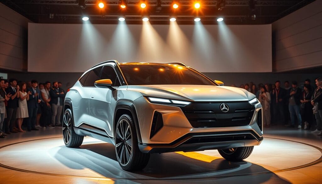 A futuristic, eco-friendly hybrid SUV gleams under the warm glow of spotlights at its grand unveiling. In the foreground, the sleek, aerodynamic body features clean, angular lines and a distinctive, bold grille design. The midground showcases a crowd of enthusiastic onlookers, their expressions a mix of awe and excitement, as they gather around the vehicle. In the background, a modern, minimalist stage sets the scene, with the SUV taking center stage. The lighting is carefully crafted, creating dramatic shadows and highlights that accentuate the vehicle's cutting-edge design. An atmosphere of innovation and environmental responsibility pervades the entire scene, setting the stage for the SUV's role in shaping the future of sustainable mobility.