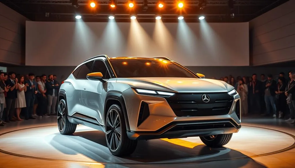 A futuristic, eco-friendly hybrid SUV gleams under the warm glow of spotlights at its grand unveiling. In the foreground, the sleek, aerodynamic body features clean, angular lines and a distinctive, bold grille design. The midground showcases a crowd of enthusiastic onlookers, their expressions a mix of awe and excitement, as they gather around the vehicle. In the background, a modern, minimalist stage sets the scene, with the SUV taking center stage. The lighting is carefully crafted, creating dramatic shadows and highlights that accentuate the vehicle's cutting-edge design. An atmosphere of innovation and environmental responsibility pervades the entire scene, setting the stage for the SUV's role in shaping the future of sustainable mobility.