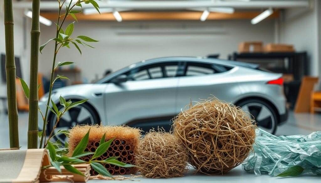 A high-resolution, detailed image of eco-friendly car materials. In the foreground, a selection of sustainable materials including bamboo, recycled plastic, and hemp fiber composites. In the middle ground, a sleek, futuristic electric vehicle partially visible, its body panels made from these renewable resources. In the background, a modern, minimalist workshop setting with clean lines and natural lighting, conveying a sense of innovation and environmental responsibility. The overall mood is one of sophistication, technology, and a commitment to sustainable design.