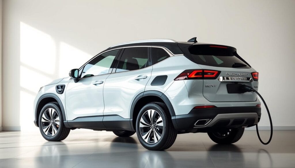 A modern, fuel-efficient 2026 plug-in hybrid SUV in a brightly lit showroom setting. The vehicle is parked against a clean, minimalist background with soft, diffused lighting highlighting its sleek, aerodynamic silhouette. The SUV's exterior features a stylish, angular design with bold chrome accents and a prominent charging port, conveying its eco-friendly capabilities. The scene exudes a sense of technological innovation and environmental consciousness, inviting the viewer to imagine the incentives and rebates that could make this advanced plug-in hybrid a desirable and accessible option.