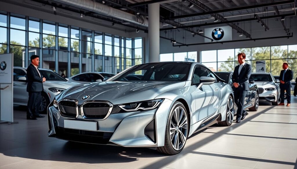 A modern showroom interior with a sleek BMW electric car prominently displayed in the foreground, surrounded by attentive sales representatives in professional attire. The middle ground showcases different BMW electric models arranged in an eye-catching layout, while the background features large windows allowing natural light to flood the space, creating a bright and airy atmosphere. The overall scene conveys a sense of technological innovation, customer-centric service, and the brand's commitment to sustainable mobility.