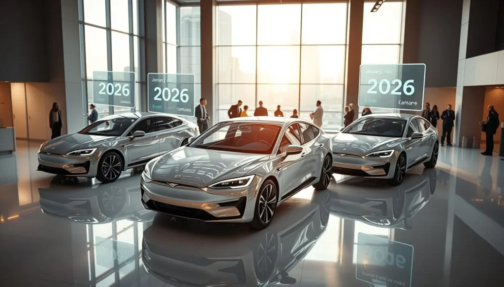A modern, well-lit showroom interior with reflective floors and sleek, minimalist design. In the foreground, three shiny, state-of-the-art smart-connected cars are displayed, their touchscreens and advanced features prominently showcased. Floating price tags in holographic displays indicate the January 2026 pricing trends for these latest models, conveying a sense of technological sophistication and future-forward innovation. The middle ground features a mix of curious onlookers and sales associates, while the background shows floor-to-ceiling windows overlooking a futuristic urban skyline bathed in soft, warm lighting. A modern, well-lit showroom interior with reflective floors and sleek, minimalist design. In the foreground, three shiny, state-of-the-art smart-connected cars are displayed, their touchscreens and advanced features prominently showcased. Floating price tags in holographic displays indicate the January 2026 pricing trends for these latest models, conveying a sense of technological sophistication and future-forward innovation. The middle ground features a mix of curious onlookers and sales associates, while the background shows floor-to-ceiling windows overlooking a futuristic urban skyline bathed in soft, warm lighting.