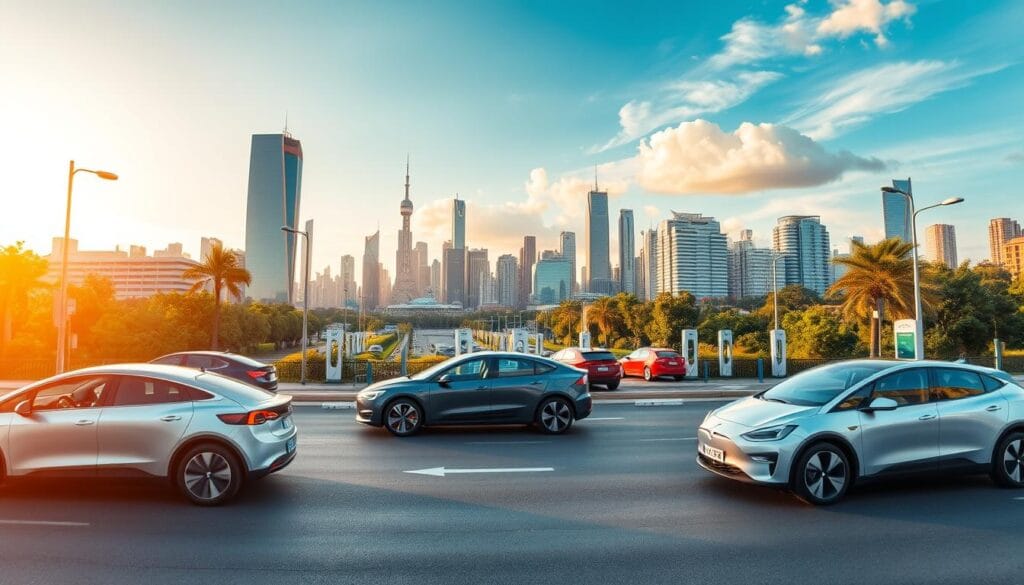 A panoramic scene of a bustling urban landscape, showcasing the latest electric vehicles on the roads. In the foreground, sleek and futuristic electric cars glide silently, their smooth contours and vibrant colors reflecting the city's modern architecture. In the middle ground, charging stations dot the streetscape, their sleek designs blending seamlessly with the urban environment. In the background, towering skyscrapers and lush greenery create a dynamic backdrop, hinting at a sustainable and technologically advanced future. The scene is illuminated by a warm, golden-hued light, casting a sense of optimism and progress over the entire composition.