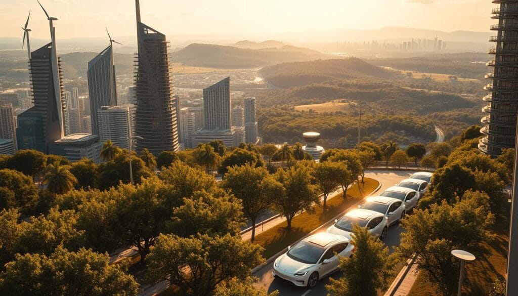 A panoramic view of a futuristic city skyline, bathed in warm, golden sunlight. In the foreground, a group of sleek, aerodynamic electric vehicles glide silently along tree-lined boulevards, their solar panels gleaming. In the middle ground, towering skyscrapers are adorned with vertical gardens, wind turbines, and solar panels, showcasing the integration of renewable energy technologies. In the background, a lush, verdant landscape stretches out, with rolling hills and flourishing forests, hinting at the harmony between urban development and natural ecosystems. The scene exudes a sense of progress, innovation, and environmental responsibility, capturing the essence of eco-friendly technologies shaping the future of the automotive industry.