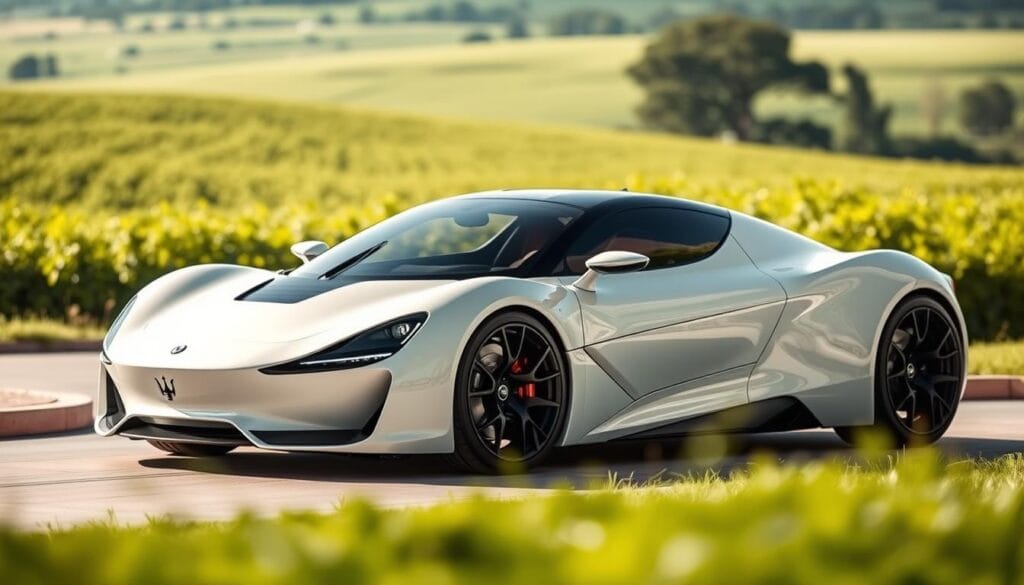 A sleek and futuristic Maserati MCPura sports car, rendered in a pristine white exterior. The vehicle's body is meticulously crafted using sustainable, eco-friendly materials like lightweight carbon fiber and recycled aluminum, with a seamless integration of solar panels on the roof and hood. Soft, natural lighting bathes the scene, highlighting the vehicle's clean lines and aerodynamic silhouette. In the background, a lush, verdant landscape sets the stage for this environmentally-conscious luxury machine, conveying a sense of harmony between cutting-edge design and sustainable innovation.