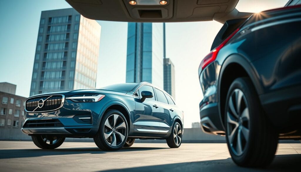 A sleek, contemporary Volvo EX60 electric SUV, captured in a low-angle, three-quarter view. The vehicle's bold, sculpted body shines in a glossy, metallic blue finish, complemented by striking chrome accents and distinctive LED headlights. The mid-ground showcases the clean, minimalist interior, with a large, centrally-positioned touchscreen display and premium leather upholstery. In the background, a serene, urban landscape frames the scene, with tall, modern buildings and a clear, blue sky. Soft, diffused lighting creates a sophisticated, high-end ambiance, highlighting the EX60's blend of Scandinavian design and advanced electric technology. A sleek, contemporary Volvo EX60 electric SUV, captured in a low-angle, three-quarter view. The vehicle's bold, sculpted body shines in a glossy, metallic blue finish, complemented by striking chrome accents and distinctive LED headlights. The mid-ground showcases the clean, minimalist interior, with a large, centrally-positioned touchscreen display and premium leather upholstery. In the background, a serene, urban landscape frames the scene, with tall, modern buildings and a clear, blue sky. Soft, diffused lighting creates a sophisticated, high-end ambiance, highlighting the EX60's blend of Scandinavian design and advanced electric technology.