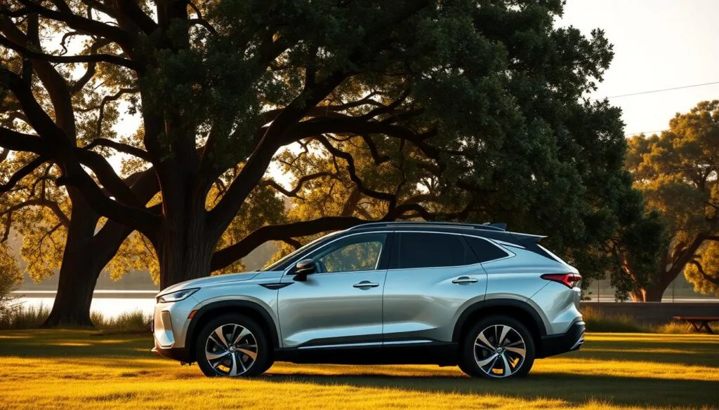 A sleek, eco-friendly SUV standing proudly in a lush, verdant setting. The vehicle's sculpted body gleams in the warm, golden afternoon light, its aerodynamic lines hinting at efficiency and performance. The SUV is surrounded by towering oak trees, their leaves casting dappled shadows across the scene. In the background, a serene lake reflects the tranquil sky, creating a sense of harmony and connection with nature. The overall mood is one of balance and sustainability, a testament to the vehicle's environmentally conscious design.