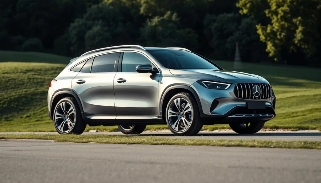 A sleek, futuristic 2026 Mercedes-Benz EQE electric SUV, gleaming in the sunlight, its aerodynamic body sculpted with precision. The front features the signature EQ grille and slim LED headlights, while the side profile showcases the elegant, flowing lines and 21-inch alloy wheels. In the background, a lush, verdant landscape provides a serene, natural setting, complementing the vehicle's eco-friendly electric powertrain. The scene is captured with a wide-angle lens, highlighting the SUV's imposing presence and proportions, conveying a sense of power and sophistication. The lighting is soft and diffused, creating a sense of tranquility and modernity, inviting the viewer to imagine themselves behind the wheel of this cutting-edge electric SUV.