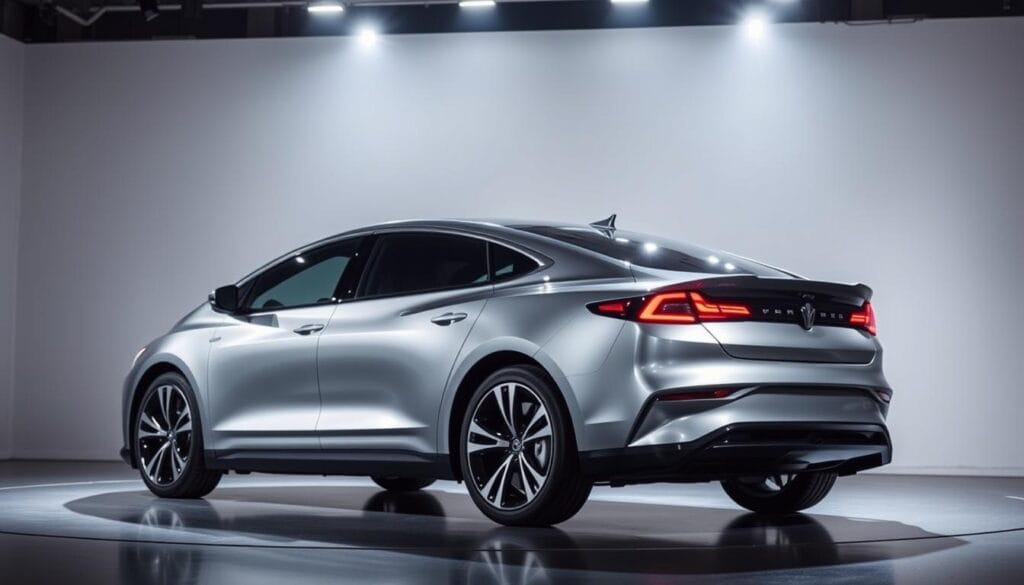 A sleek, metallic electric sedan takes center stage under the bright spotlights of a modern auto show. The vehicle's aerodynamic curves and striking exterior design exude a sense of cutting-edge technology and innovation. The lighting casts dramatic shadows, highlighting the sculpted body lines and bold, futuristic styling cues. In the background, a minimalist, monochromatic backdrop sets the stage, allowing the vehicle to be the main focus of attention. The overall scene conveys a sense of excitement and anticipation surrounding the latest advancements in the world of electric vehicles, perfectly capturing the "Consumer Trends Driving Electric Sedan Popularity" as the headline suggests.