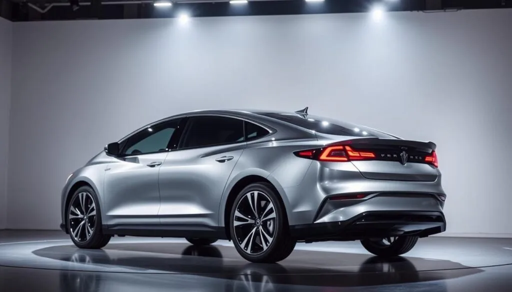 A sleek, metallic electric sedan takes center stage under the bright spotlights of a modern auto show. The vehicle's aerodynamic curves and striking exterior design exude a sense of cutting-edge technology and innovation. The lighting casts dramatic shadows, highlighting the sculpted body lines and bold, futuristic styling cues. In the background, a minimalist, monochromatic backdrop sets the stage, allowing the vehicle to be the main focus of attention. The overall scene conveys a sense of excitement and anticipation surrounding the latest advancements in the world of electric vehicles, perfectly capturing the "Consumer Trends Driving Electric Sedan Popularity" as the headline suggests.