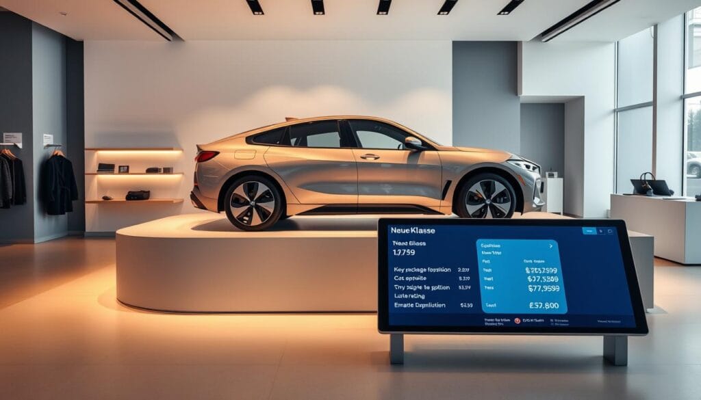 A sleek, modern showroom interior with a BMW Neue Klasse electric vehicle prominently displayed on a raised platform. The car's elegant silhouette is bathed in warm, directional lighting, accentuating its clean lines and contemporary design. In the foreground, a digital pricing display presents the vehicle's cost structure, highlighting key package options and financing details. The mid-ground features carefully curated lifestyle accessories and merchandise, hinting at the brand's premium positioning. The background showcases a minimalist, high-tech environment with subtle nods to BMW's engineering heritage, such as exposed aluminum elements. The overall mood is one of sophisticated luxury, conveying the Neue Klasse's aspirational yet accessible pricing strategy.