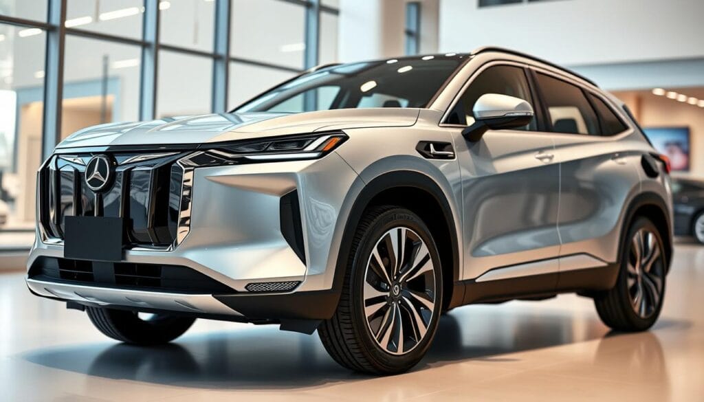A sleek, silver plug-in hybrid SUV parked in a well-lit, modern showroom, its sharp angles and aerodynamic curves catching the light. The vehicle's front grille and badging prominently display its eco-friendly powertrain. The interior is visible through the large windows, showcasing a spacious, luxurious cabin with premium materials and advanced digital displays. The background blurs softly, allowing the SUV to take center stage and its key features to be the focal point. The overall mood is one of sophistication, efficiency, and environmental consciousness.