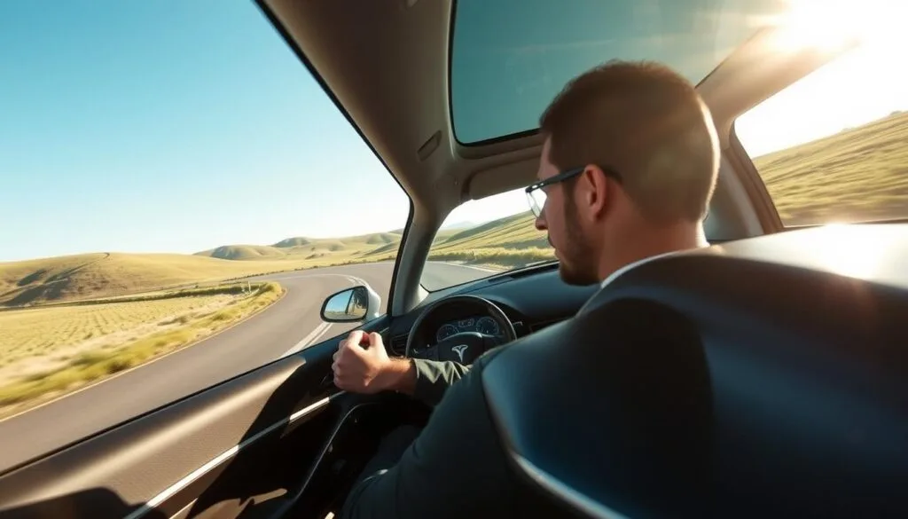 A test driver expertly navigating an electric vehicle through winding countryside roads, the exterior gleaming under the warm afternoon sun. In the foreground, the driver's hands confidently grip the steering wheel, their face focused yet serene. The middle ground showcases the sleek, aerodynamic silhouette of the EV, its clean lines and futuristic design hinting at the power under the hood. In the distance, lush rolling hills and a cloudless azure sky create a picturesque backdrop, conveying a sense of freedom and adventure. The scene evokes the thrill and satisfaction of experiencing an electric vehicle's performance and handling for oneself.
