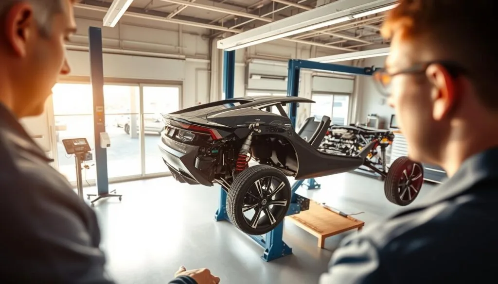 A well-lit, high-angle view of a modern electric vehicle undergoing routine maintenance. In the foreground, a mechanic in a blue jumpsuit inspects the battery pack, their face in sharp focus. In the middle ground, the sleek, aerodynamic chassis of the EV rests on a lift, the wheels and suspension components clearly visible. The background showcases a clean, state-of-the-art workshop with advanced diagnostic equipment and tools. Warm, natural lighting filters through large windows, casting a soft glow on the scene and emphasizing the precision and care required for EV upkeep.