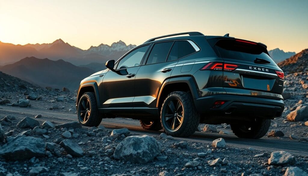 An off-road electric SUV navigating a rugged, rocky terrain, its sleek bodywork gleaming under the warm evening sunlight. The powerful electric motor purrs quietly as the vehicle effortlessly traverses the uneven ground, its large all-terrain tires gripping the surface with confidence. The interior is visible through the tinted windows, hinting at the advanced technology and premium materials that cater to the discerning tastes of modern consumers. In the distance, a stunning mountain range sets the backdrop, creating a sense of adventure and exploration. The overall impression conveys the perfect blend of capability, efficiency, and style that today's off-road enthusiasts demand. An off-road electric SUV navigating a rugged, rocky terrain, its sleek bodywork gleaming under the warm evening sunlight. The powerful electric motor purrs quietly as the vehicle effortlessly traverses the uneven ground, its large all-terrain tires gripping the surface with confidence. The interior is visible through the tinted windows, hinting at the advanced technology and premium materials that cater to the discerning tastes of modern consumers. In the distance, a stunning mountain range sets the backdrop, creating a sense of adventure and exploration. The overall impression conveys the perfect blend of capability, efficiency, and style that today's off-road enthusiasts demand.