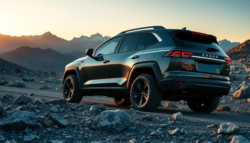 An off-road electric SUV navigating a rugged, rocky terrain, its sleek bodywork gleaming under the warm evening sunlight. The powerful electric motor purrs quietly as the vehicle effortlessly traverses the uneven ground, its large all-terrain tires gripping the surface with confidence. The interior is visible through the tinted windows, hinting at the advanced technology and premium materials that cater to the discerning tastes of modern consumers. In the distance, a stunning mountain range sets the backdrop, creating a sense of adventure and exploration. The overall impression conveys the perfect blend of capability, efficiency, and style that today's off-road enthusiasts demand.