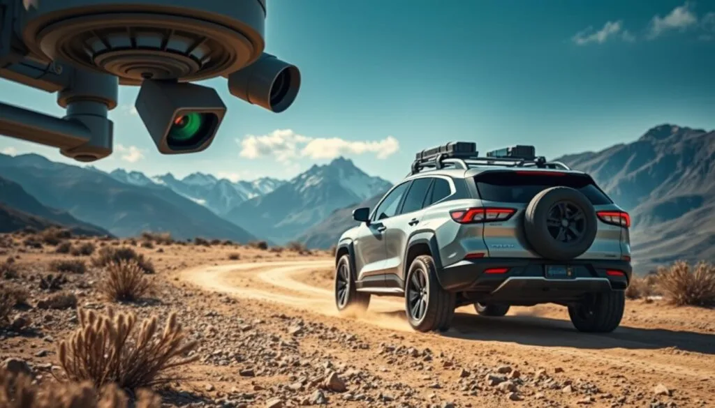 An off-road electric SUV navigating a rugged terrain, its advanced safety features prominently displayed. In the foreground, high-resolution sensors and cameras vigilantly scan the environment, enhancing the vehicle's situational awareness. The middle ground showcases the SUV's robust construction, with reinforced frame and body panels designed to withstand the rigors of off-road driving. In the background, a breathtaking mountainous landscape frames the scene, conveying a sense of adventure and exploration. The image is captured with a wide-angle lens, highlighting the SUV's impressive size and capabilities, while the lighting is a mix of natural and artificial sources, creating a dramatic and immersive atmosphere.