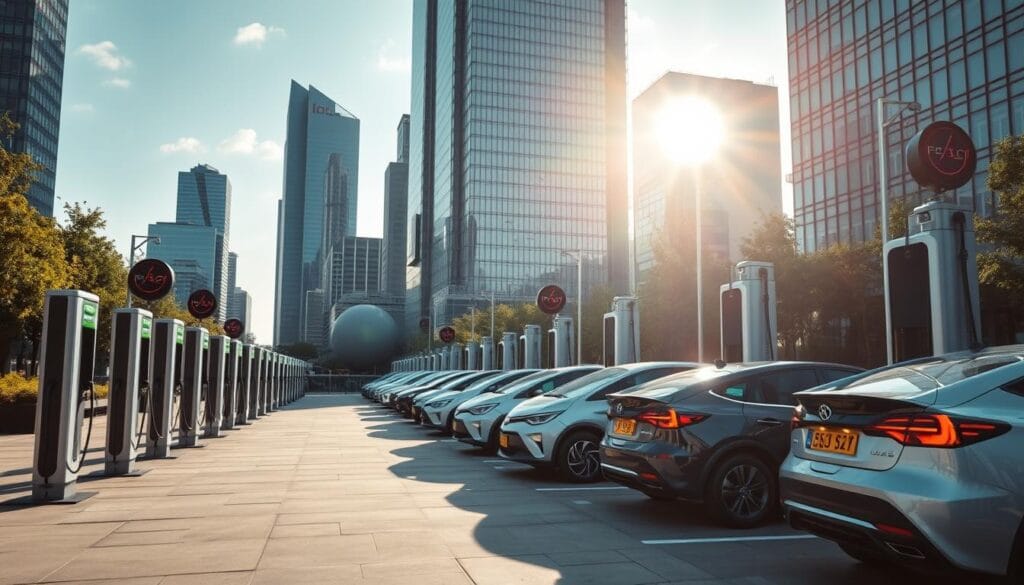 An urban electric vehicle charging network, with rows of sleek charging stations set against a backdrop of modern, angular skyscrapers. Bright, natural light filters through the glass facades, casting long shadows across the pavement. In the foreground, a handful of electric vehicles are plugged in, their LED indicators pulsing with the steady flow of electricity. The scene exudes a sense of efficient, sustainable mobility, reflecting the shift towards a greener, more connected urban landscape.