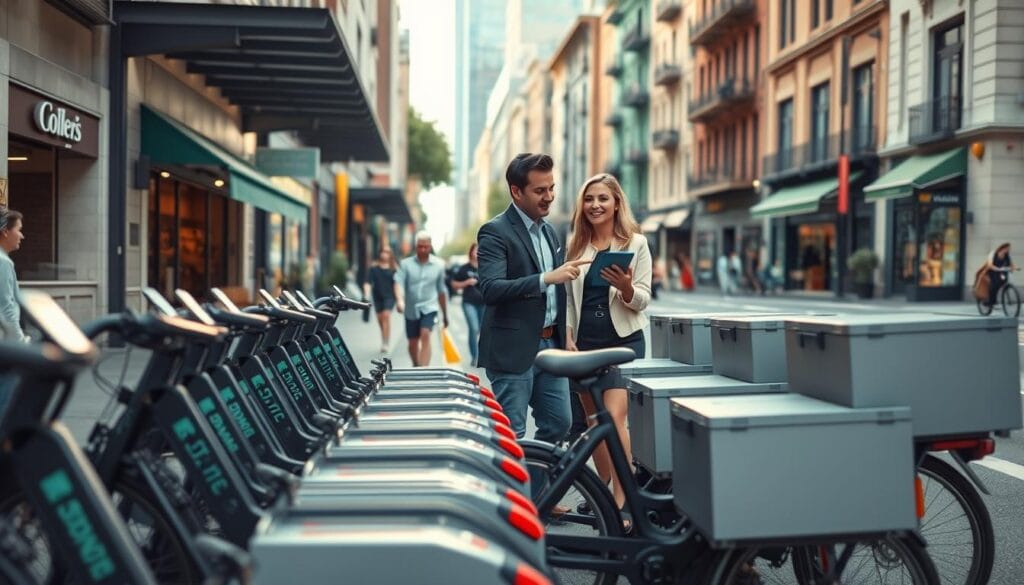 A busy urban street scene showcasing an electric cargo bike delivery business. In the foreground, a well-organized fleet of modern electric cargo bikes is parked neatly, featuring sleek designs with spacious cargo compartments. Two delivery professionals in smart casual attire (a male and female) are discussing routes, pointing at a digital tablet. The middle ground captures a vibrant cityscape with shops and cafes, emphasizing an eco-friendly atmosphere, while a few pedestrians stroll by. In the background, buildings with green facades hint at sustainability. The lighting is soft and warm, reminiscent of a late afternoon, creating a welcoming and energetic mood. The camera angle is slightly elevated, giving a comprehensive view of the scene without distractions like text or watermarks.
