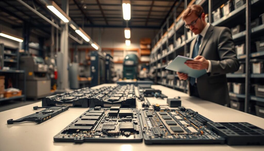 A close-up image of an EV battery in a recycling facility, showcasing the intricate components like lithium-ion cells and circuitry spread out on a clean, organized workbench. In the foreground, a professional in business attire examines the battery, holding a clipboard and taking notes to represent financial considerations. The middle ground features machinery and tools used for recycling, with an ambient glow from overhead lights creating a sleek, modern industrial atmosphere. The background includes shelves with labeled bins for recycled materials, highlighting the recycling process. The overall mood is focused and analytical, with soft lighting emphasizing the importance of sustainability in the EV industry. The camera angle is slightly tilted downwards to enhance depth and detail.