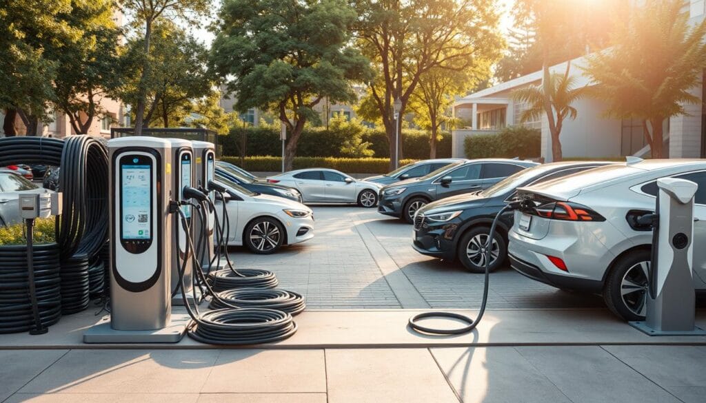 A detailed and modern EV charging station setup, prominently featuring various types of charging equipment such as fast chargers, cable management systems, and digital user interfaces. In the foreground, sleek charging units with illuminated screens display information, surrounded by well-organized cable stacks. In the middle ground, a clean, paved area hosts multiple EVs plugged into the chargers, showcasing diversity in vehicle models including sedans and SUVs. In the background, a partial view of a modern building and green landscaping adds context to the setting. Soft, natural lighting creates an inviting atmosphere, with sunlight filtering through trees. The scene should evoke a sense of innovation and accessibility, highlighting the importance of choosing the right equipment for an EV charging station. A detailed and modern EV charging station setup, prominently featuring various types of charging equipment such as fast chargers, cable management systems, and digital user interfaces. In the foreground, sleek charging units with illuminated screens display information, surrounded by well-organized cable stacks. In the middle ground, a clean, paved area hosts multiple EVs plugged into the chargers, showcasing diversity in vehicle models including sedans and SUVs. In the background, a partial view of a modern building and green landscaping adds context to the setting. Soft, natural lighting creates an inviting atmosphere, with sunlight filtering through trees. The scene should evoke a sense of innovation and accessibility, highlighting the importance of choosing the right equipment for an EV charging station.