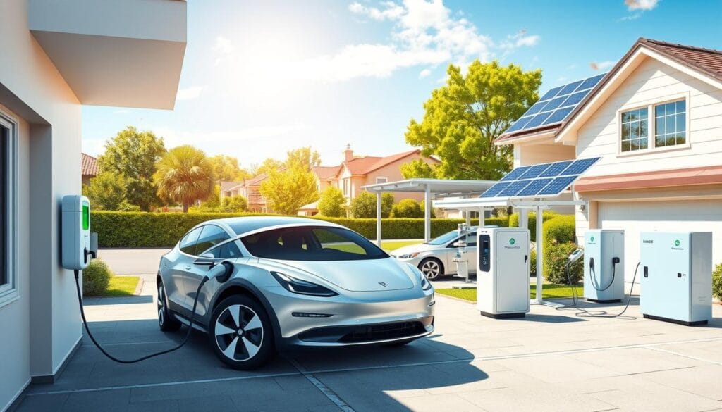 A detailed illustration of various Solar EV Home Charging options in a modern home setting. In the foreground, showcase a sleek electric vehicle plugged into a wall charger and a portable charging station on the driveway. In the middle ground, display an array of charging solutions, such as a solar-powered carport, a fast-charging station, and a home battery storage unit, emphasizing their integration with solar panels on the roof. The background features a sunny suburban neighborhood, with lush greenery and a clear blue sky. Use vibrant colors and bright lighting to convey a fresh, optimistic atmosphere. The scene is captured from a slightly elevated angle, using a wide-angle lens to encompass the entire environment, evoking a sense of innovation and sustainability.