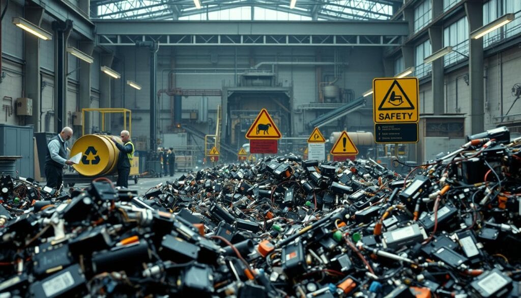 A detailed scene illustrating the challenges of EV battery recycling, featuring a busy recycling facility in the foreground with workers in professional attire examining dismantled batteries. In the middle ground, piles of batteries and electronic waste signify the complexity of recycling. The background shows large machinery and contrasting signs highlighting safety hazards and environmental concerns, creating a sense of urgency and tension. Soft, diffused lighting illuminates the scene, adding a realistic touch, while a slight overcast sky suggests a dreary atmosphere. The angle should be slightly elevated to capture the depth of the facility, reflecting the industrial nature of the recycling process and the obstacles the industry faces, such as safety regulations and technological hurdles.