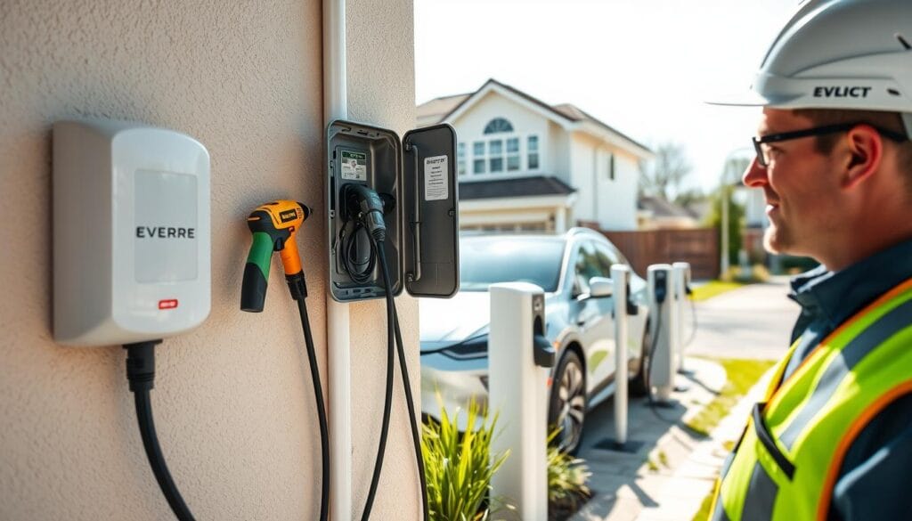A detailed scene of an EV charger installation process in a residential setting. In the foreground, a technician wearing professional work attire is expertly mounting a sleek electric vehicle charger on a wall, using tools like a drill and level. In the middle ground, an open electric panel and wiring are visible, along with an electric vehicle parked nearby, showcasing its charging port. In the background, a well-maintained driveway and a couple of EV chargers in various models are present. The lighting is bright and natural, suggesting a sunny day, enhancing the clarity of the installation process. The atmosphere is focused and professional, conveying a sense of expertise in modern technology.