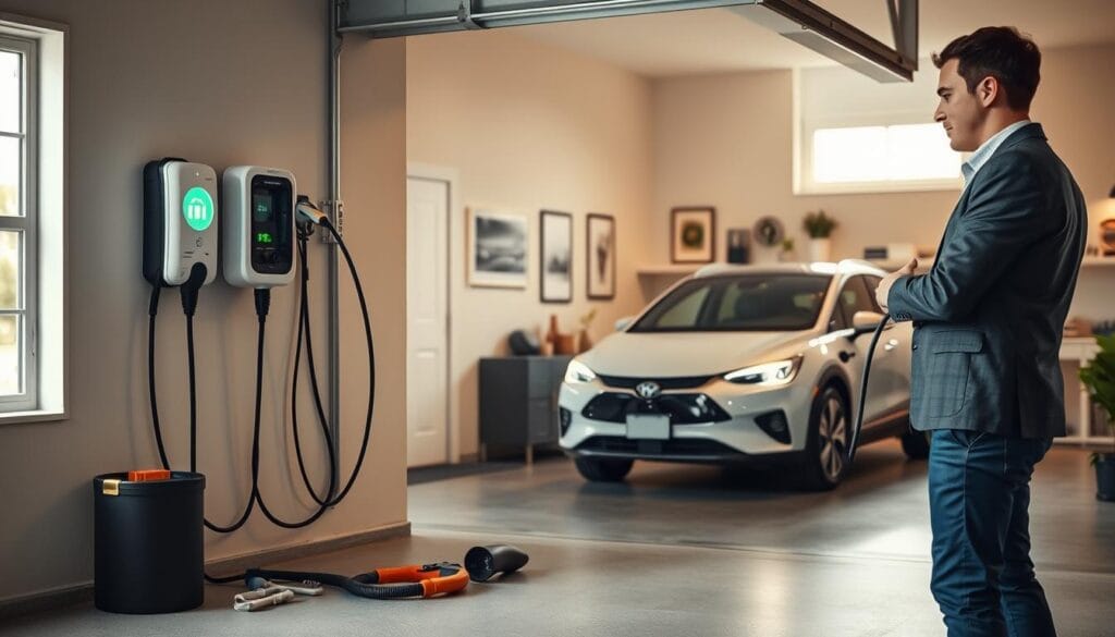 A detailed scene showcasing the installation of a Level 2 electric vehicle charger in a residential garage. In the foreground, a professional technician dressed in smart casual attire is carefully inspecting the charger unit mounted on the wall. Tools and installation materials are neatly arranged nearby. In the middle ground, the electric vehicle is parked, with charging cables visibly connecting to the charger, signifying ongoing use. The background features a well-lit garage with modern technology and subtle decorations, creating a warm and inviting atmosphere. Soft, natural lighting illuminates the scene, with sunlight filtering through a window, casting gentle shadows. The overall mood is informative and professional, emphasizing the practicality and importance of EV charger maintenance and costs. A detailed scene showcasing the installation of a Level 2 electric vehicle charger in a residential garage. In the foreground, a professional technician dressed in smart casual attire is carefully inspecting the charger unit mounted on the wall. Tools and installation materials are neatly arranged nearby. In the middle ground, the electric vehicle is parked, with charging cables visibly connecting to the charger, signifying ongoing use. The background features a well-lit garage with modern technology and subtle decorations, creating a warm and inviting atmosphere. Soft, natural lighting illuminates the scene, with sunlight filtering through a window, casting gentle shadows. The overall mood is informative and professional, emphasizing the practicality and importance of EV charger maintenance and costs.