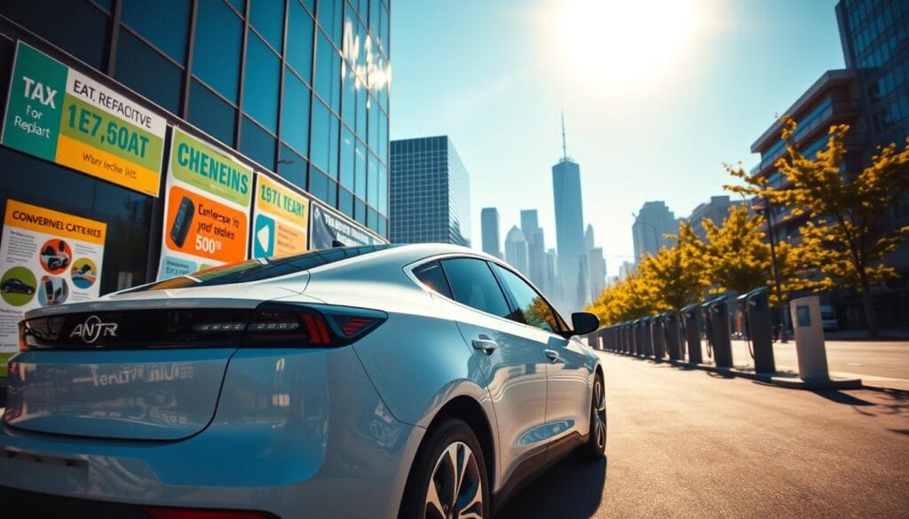 A dynamic scene showcasing a modern electric car in the foreground, its sleek design highlighting energy-efficient features like charging ports and aerodynamic lines. The car is parked in a bright urban setting, surrounded by signs of financial incentives, such as tax rebate posters and colorful brochures depicting conversion kits. In the middle ground, environmentally friendly technology is visible, like solar panels and bike-sharing stations. The background features a vibrant city skyline under a clear blue sky, with subtle elements like green trees lining the street, hinting at an eco-conscious future. The lighting is warm and inviting, casting soft shadows that evoke a sense of optimism and innovation, shot from a low angle for dramatic effect, creating a sense of scale and importance.