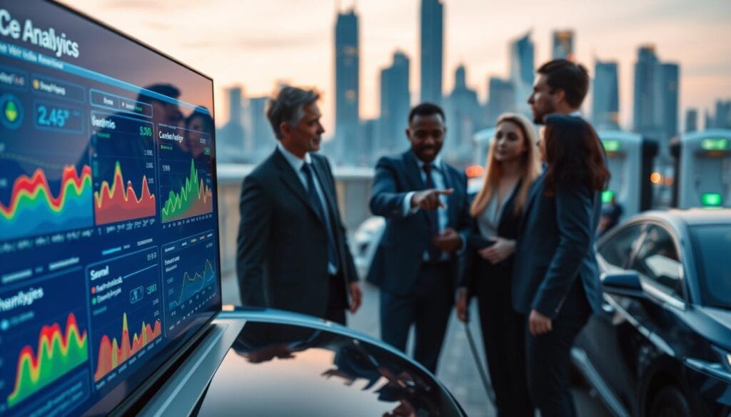 A high-tech electric vehicle fleet analytics dashboard displayed prominently in the foreground, featuring vibrant graphs and charts illustrating real-time energy consumption, mileage statistics, and charging station availability. In the middle ground, a diverse group of professionals in business attire analyzes the data collaboratively, pointing at the screen and discussing insights. In the blurred background, a futuristic city skyline is illuminated by soft evening light, showcasing electric vehicles charging at sleek stations. Use a wide-angle lens effect to enhance the sense of depth, while employing dynamic, ambient lighting to create an atmosphere of innovation and sustainability.