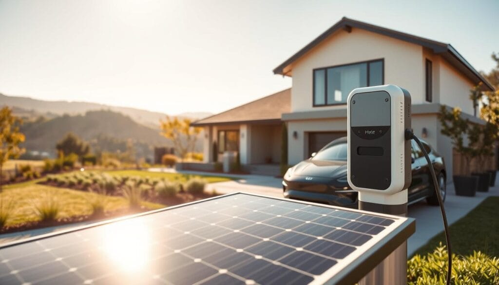 A modern home exterior featuring a solar panel EV charger prominently installed near a stylish electric vehicle parked in the driveway. In the foreground, the sleek design of the charger is highlighted, showcasing its solar panel surface reflecting sunlight. The middle ground includes the house with large windows, lush landscaping, and a clear blue sky above, creating an inviting atmosphere. In the background, gentle hills and trees can be seen under soft, warm sunlight, enhancing the eco-friendly vibe. The image should have a bright, optimistic ambiance, with natural lighting accentuating the details of the charger and vehicle, captured from a slightly low angle to emphasize the innovation in home energy solutions.