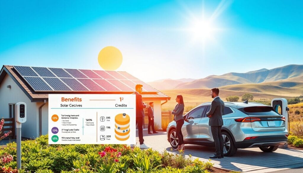 A modern residential home featuring solar panels on the roof, with a sleek electric vehicle parked in the driveway next to a home charging station. In the foreground, a diverse group of professionals in business attire are discussing solar energy incentives, gesturing towards a colorful infographic displaying benefits like tax credits and rebates. The middle ground includes a flourishing garden, symbolizing sustainability, with a bright sun shining in the clear blue sky, casting warm, inviting light on the scene. In the background, rolling hills represent eco-friendly landscapes, creating a harmonious and optimistic atmosphere. The image should have a clean, vibrant aesthetic, focusing on the theme of energy efficiency and modern technology in residential settings.