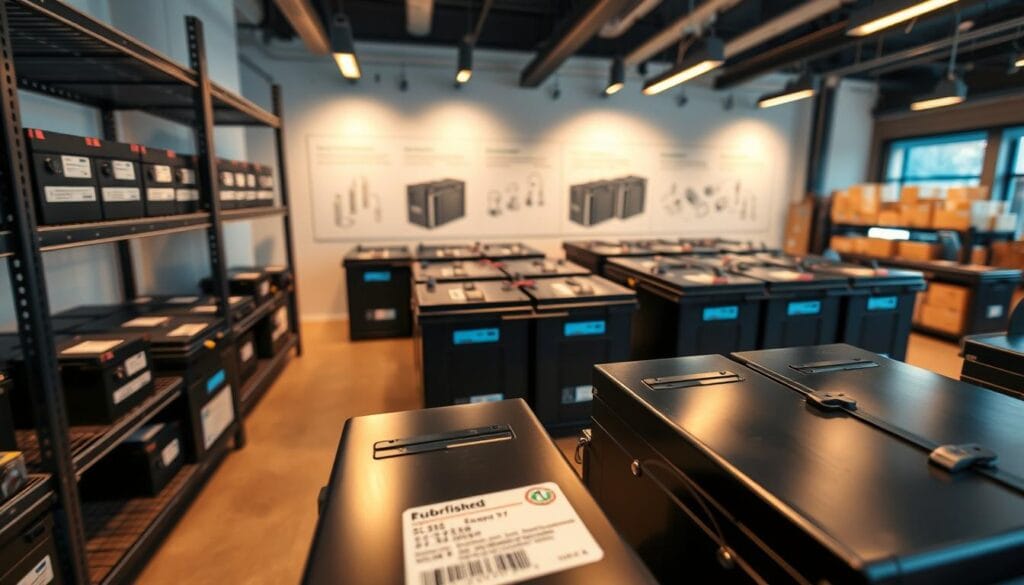 A modern showroom displaying reconditioned electric vehicle (EV) battery systems for sale, organized neatly on industrial shelving. In the foreground, a close-up of a refurbished battery pack with visible quality labels and specifications, showcasing its advanced technology. In the middle, several battery systems arranged symmetrically, their glossy finishes reflecting soft, ambient lighting. In the background, a wall with technical diagrams illustrating battery refurbishment processes and benefits. The atmosphere is professional and inviting, conveying a sense of innovation and opportunity. The lighting is bright yet warm, accentuating the sleek design of the batteries. The angle is slightly elevated, capturing the entire display while maintaining focus on the foreground battery. No people present.