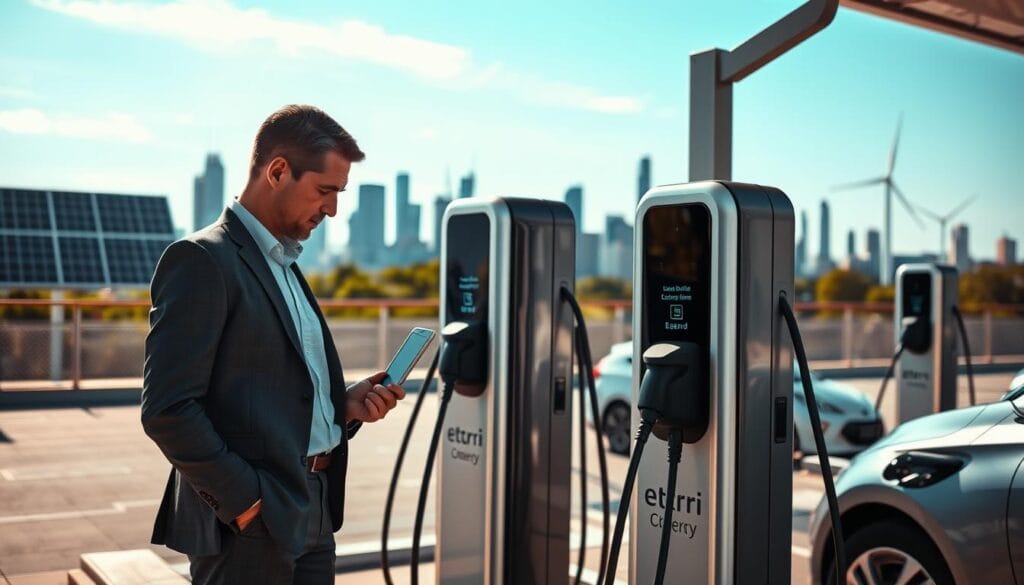 A modern, sleek electric vehicle charging station in a well-lit outdoor environment. In the foreground, a business professional in modest business attire is inspecting a charging station, focused on its features. The middle ground showcases several charging units powered by renewable energy sources, such as solar panels or wind turbines. The background displays a vibrant city skyline under clear blue skies, suggesting a sustainable future. Soft natural lighting highlights the charging station while casting gentle shadows, creating an inviting and optimistic atmosphere. The overall mood reflects innovation and financial opportunity, emphasizing the potential benefits of renewable energy tax credits for businesses adopting electric vehicle infrastructure. EV Charging Grants for Businesses