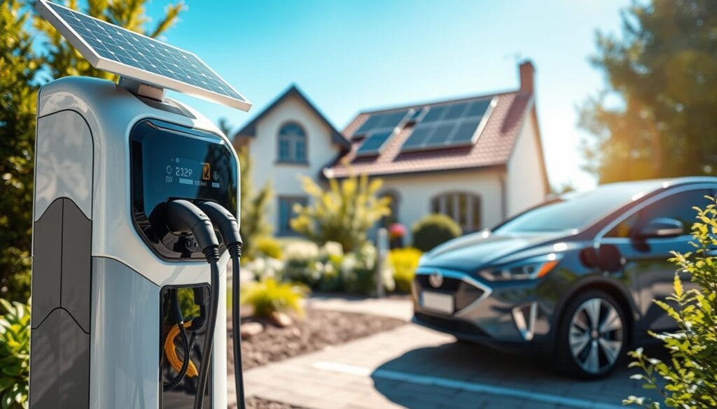 A modern solar-powered EV charger installed at a residential home, showcasing sleek design and advanced technology. In the foreground, the charger features a glossy finish with a solar panel above, capturing sunlight. The middle ground includes a parked electric vehicle, emphasizing the connection to the charger with visible charging cables. The background reveals a well-kept garden with solar panels on the roof of the house, surrounded by lush greenery under a clear blue sky. Soft sunlight bathes the scene, creating a warm and inviting atmosphere. The angle is slightly elevated to capture both the charger and the home, showcasing a sustainable living environment.