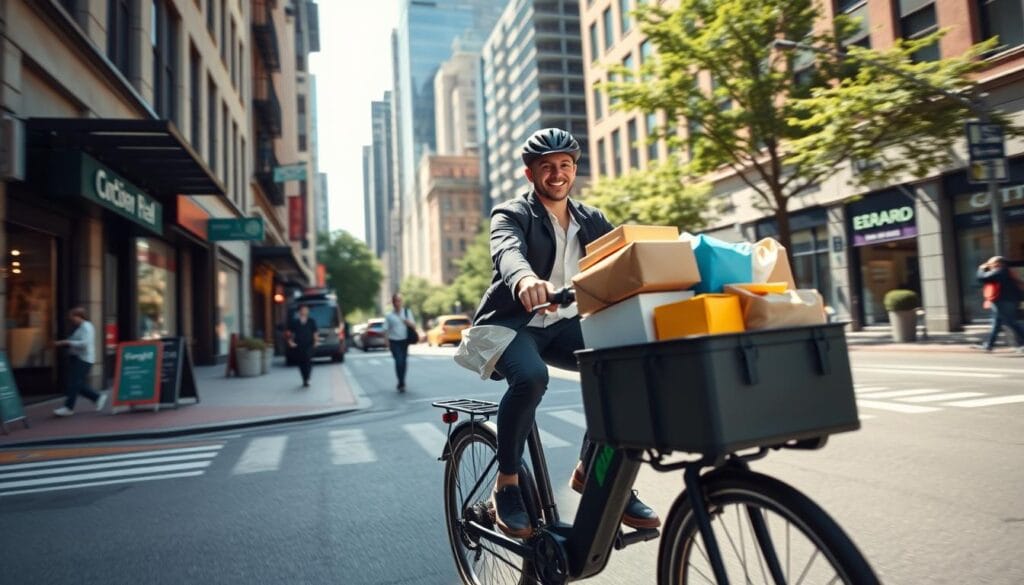 A modern urban scene showcasing an electric cargo bike delivery business model. In the foreground, a professional-looking delivery person in smart casual attire confidently rides an electric cargo bike filled with colorful packages. The middle ground features a bustling city street, with various small businesses and pedestrians, creating a sense of activity. In the background, tall buildings and greenery imply a sustainable urban environment. Bright, natural daylight casts soft shadows, enhancing the atmosphere of vibrancy and innovation. The angle captures the dynamic motion of the bike, emphasizing speed and efficiency. The overall mood is optimistic and forward-thinking, representing the future of eco-friendly delivery solutions.