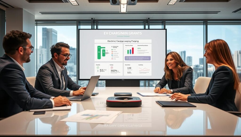 A professional business meeting focused on electric vehicle charging grants. In the foreground, a diverse group of four business professionals—two men and two women—dressed in smart business attire, are engaged in a lively discussion around a sleek conference table with a laptop, charts, and documents displayed. In the middle, a large digital screen shows an infographic related to EV charging funding, highlighting key statistics and benefits. The background features an office setting with large windows allowing natural light to fill the room, showcasing a cityscape. The atmosphere is focused, innovative, and optimistic, symbolizing collaboration and success in grant proposals. The lighting is bright and well-balanced, creating a welcoming and energetic environment. A professional business meeting focused on electric vehicle charging grants. In the foreground, a diverse group of four business professionals—two men and two women—dressed in smart business attire, are engaged in a lively discussion around a sleek conference table with a laptop, charts, and documents displayed. In the middle, a large digital screen shows an infographic related to EV charging funding, highlighting key statistics and benefits. The background features an office setting with large windows allowing natural light to fill the room, showcasing a cityscape. The atmosphere is focused, innovative, and optimistic, symbolizing collaboration and success in grant proposals. The lighting is bright and well-balanced, creating a welcoming and energetic environment.