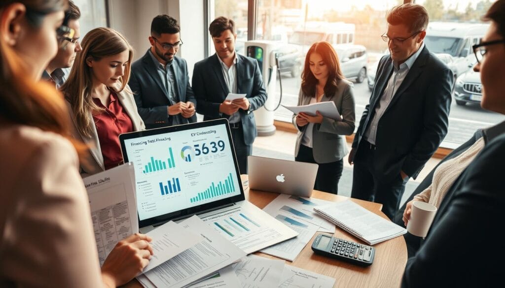 A professional business setting illustrating financing options for fleet EV conversion. In the foreground, a diverse group of business professionals in modest casual clothing, discussing documents and examining charts showcasing various financing plans. The middle layer features an open laptop displaying a detailed presentation on electric vehicle (EV) financing options, surrounded by financial paperwork and a calculator. In the background, a window reveals a bright, sunny day, highlighting an electric vehicle charging station with several electric vehicles parked outside. The overall atmosphere is collaborative and progressive, with warm ambient lighting casting soft shadows, emphasizing a sense of innovation and forward-thinking in sustainable business solutions.