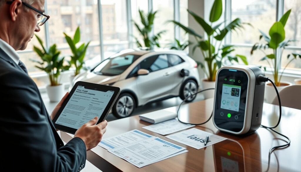 A professional business setting showcasing a modern mobile EV charger setup. In the foreground, a well-dressed businessperson examining a digital tablet displaying mobile charger regulations and safety guidelines, wearing glasses, with a serious expression. In the middle ground, a compact electric vehicle connected to a sleek EV charger, surrounded by regulatory documents and technical schematics laid out on a polished table. The background features a bright, contemporary office with large windows allowing natural light to flood the space, complemented by green plants for a refreshing atmosphere. The lighting is soft yet focused to emphasize the charger and documents, creating a mood of professionalism and innovation. The angle should be slightly elevated to capture all elements harmoniously.
