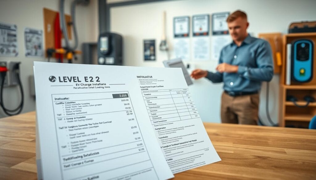 A professional, clean workspace featuring a level 2 EV charger installation quote document prominently displayed on a modern wooden desk. In the foreground, a detailed close-up of the quote, showing itemized costs and specifications for installation. In the middle ground, a qualified installer in professional attire, such as a collared shirt and khakis, reviewing the quote with a thoughtful expression, possibly pointing at specific details. The background includes tools commonly used for electrical installations, a wall-mounted EV charger, and certification posters, softly out of focus. The lighting is bright and natural, inviting, creating a focused and engaging atmosphere, with a slight lens blur effect on the background to draw attention to the quote as the main subject. A professional, clean workspace featuring a level 2 EV charger installation quote document prominently displayed on a modern wooden desk. In the foreground, a detailed close-up of the quote, showing itemized costs and specifications for installation. In the middle ground, a qualified installer in professional attire, such as a collared shirt and khakis, reviewing the quote with a thoughtful expression, possibly pointing at specific details. The background includes tools commonly used for electrical installations, a wall-mounted EV charger, and certification posters, softly out of focus. The lighting is bright and natural, inviting, creating a focused and engaging atmosphere, with a slight lens blur effect on the background to draw attention to the quote as the main subject.