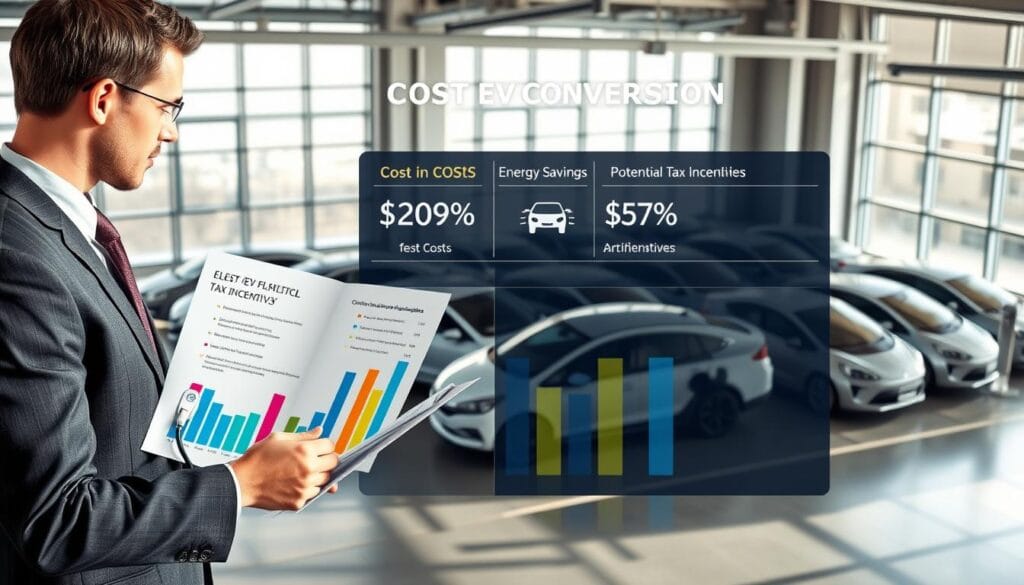 A visually engaging cost analysis diagram depicting fleet EV conversion. In the foreground, include a professional businessperson in smart attire, engaged in examining colorful bar graphs and charts detailing conversion costs, energy savings, and potential tax incentives. In the middle ground, illustrate a fleet of electric vehicles parked in a well-organized manner, with some showing their charging ports. The background features a modern office setting with large windows letting in natural light, casting soft shadows. Use a wide-angle perspective to create depth, emphasizing the business environment. The overall atmosphere should be one of optimism and innovation, reflecting the transition to sustainable energy solutions in the business sector.
