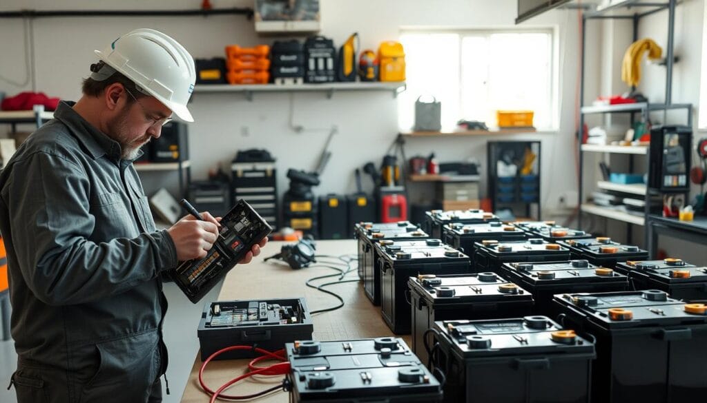 A well-lit workshop space showcasing the reconditioning of used electric car batteries. In the foreground, a technician wearing a safety helmet and professional attire diligently inspects a disassembled lithium-ion battery, using specialized tools. In the middle ground, various refurbished batteries are neatly displayed on a workbench, some connected to testing equipment, indicating active evaluation. In the background, shelves lined with tool kits and safety gear create an organized and industrious atmosphere. Natural light streams in through a large window, illuminating the scene and highlighting the batteries' textures. The mood conveys innovation and sustainability, emphasizing the potential for refurbished batteries in the market.