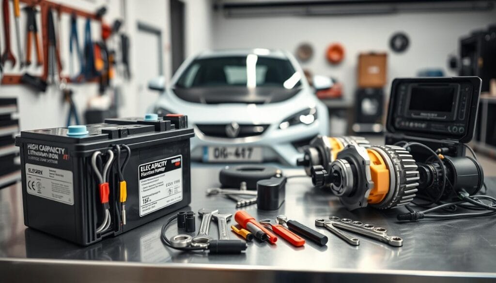 An array of electric vehicle conversion kit components displayed on a sleek, modern workbench. In the foreground, focus on intricately designed high-capacity lithium-ion batteries, showing detailed connections and labels. Beside them, a set of electric motors and regenerative braking systems, with visible wiring and connectors, conveying advanced technology. In the middle ground, include a neatly organized toolkit featuring wrenches and screwdrivers, complementing the components. The background features a bright, well-lit garage environment, with tools hanging on the walls and a vehicle partially visible, hinting at the conversion process. Use natural lighting to create a professional atmosphere, with a slight depth of field that ensures the components are sharply in focus while the background is subtly blurred, capturing the essence of performance and range considerations for electric vehicle conversions.