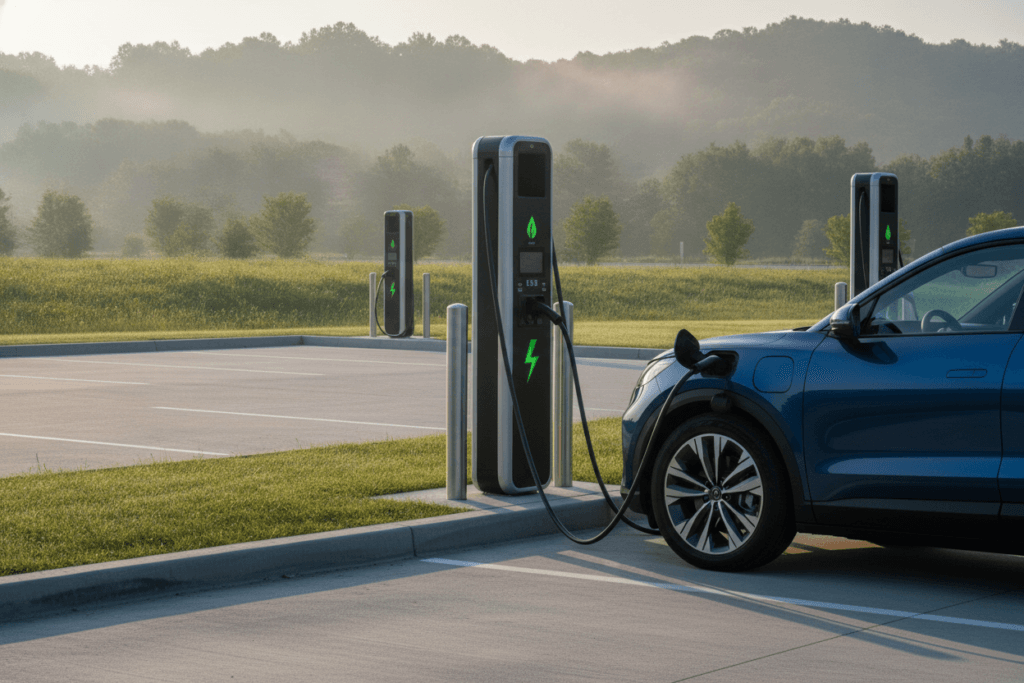 Electric SUV connected to a public fast charger at a highway rest stop